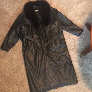 Genuine leather coat with fur collar